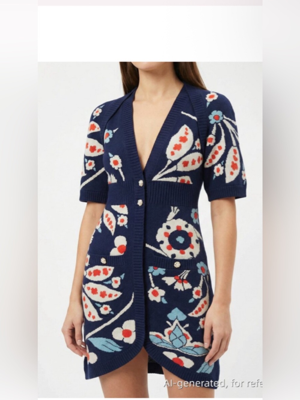 Chanel Authentic Navy Floral Knit Short-Sleeve Cardigan Sweater